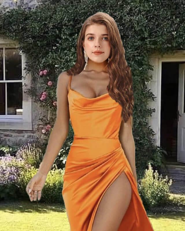 Mermaid Orange Satin Cowl Neck Dress - RongMoon