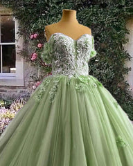 Sage Tulle 3D Lace Flowers Ball Gown Dress - RongMoon