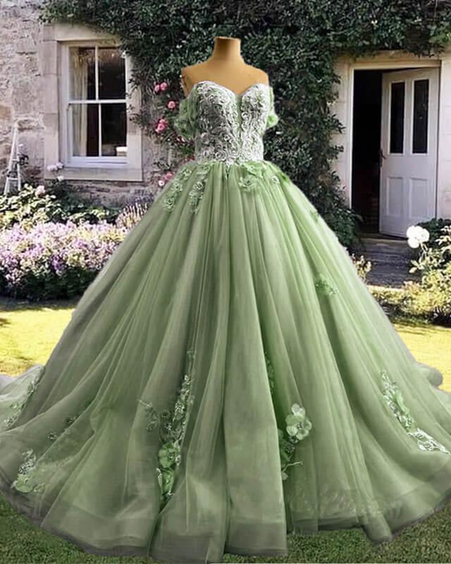 Sage Tulle 3D Lace Flowers Ball Gown Dress - RongMoon