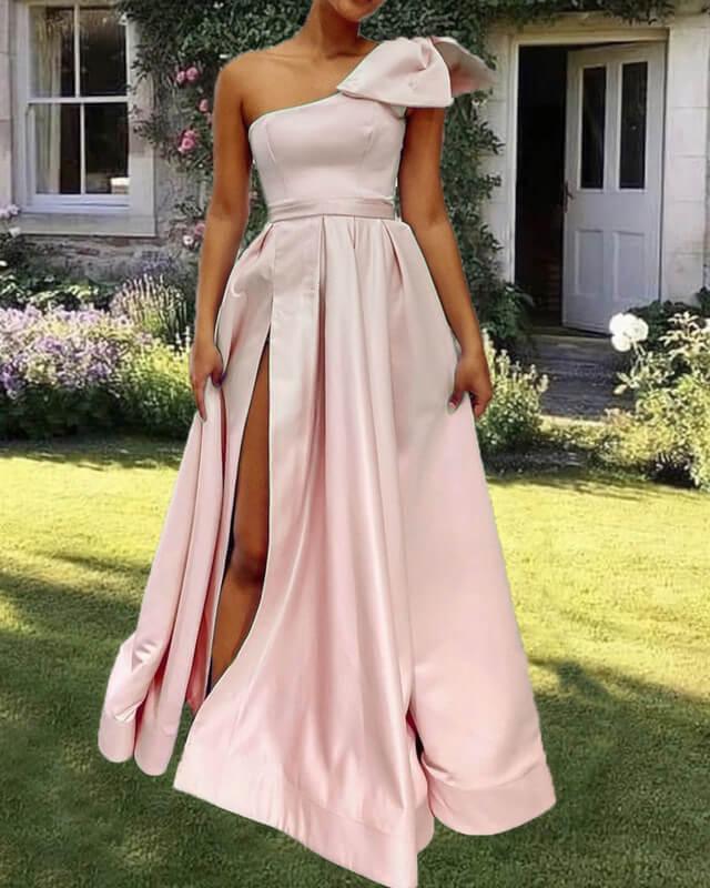 Pale Pink Satin One Shoulder Dress - RongMoon