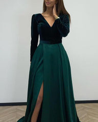 Green Velvet Long Sleeve Split Satin Dress - RongMoon