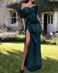 Hunter Green Satin Sheath Gown - RongMoon