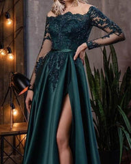 Sheer Neckline Lace Long Sleeve Satin Split Dress - RongMoon