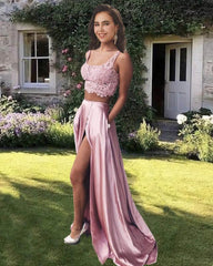 Two Piece Pink Satin Prom Dress With Pockets - RongMoon