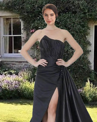 Long Black Satin Strapless Appliques Gown - RongMoon