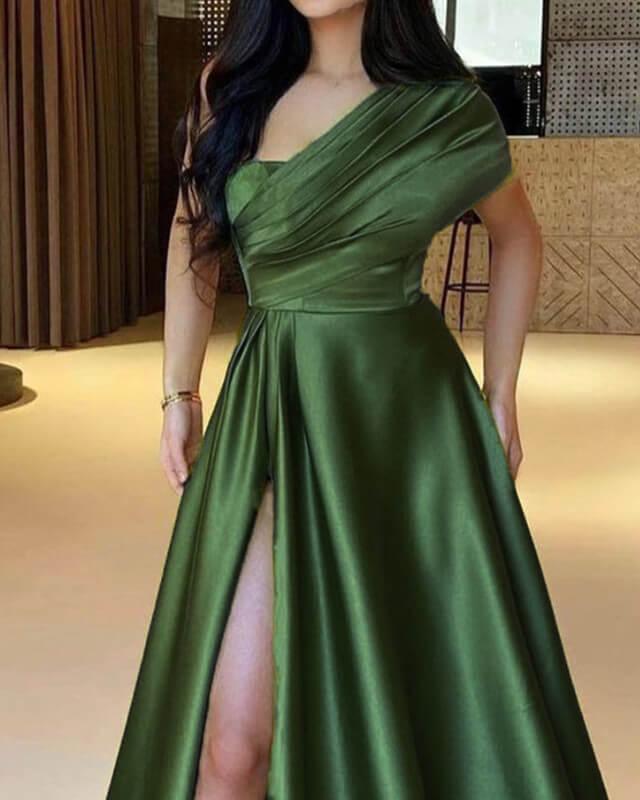 Olive Green Satin One Shoulder Slit Dress - RongMoon