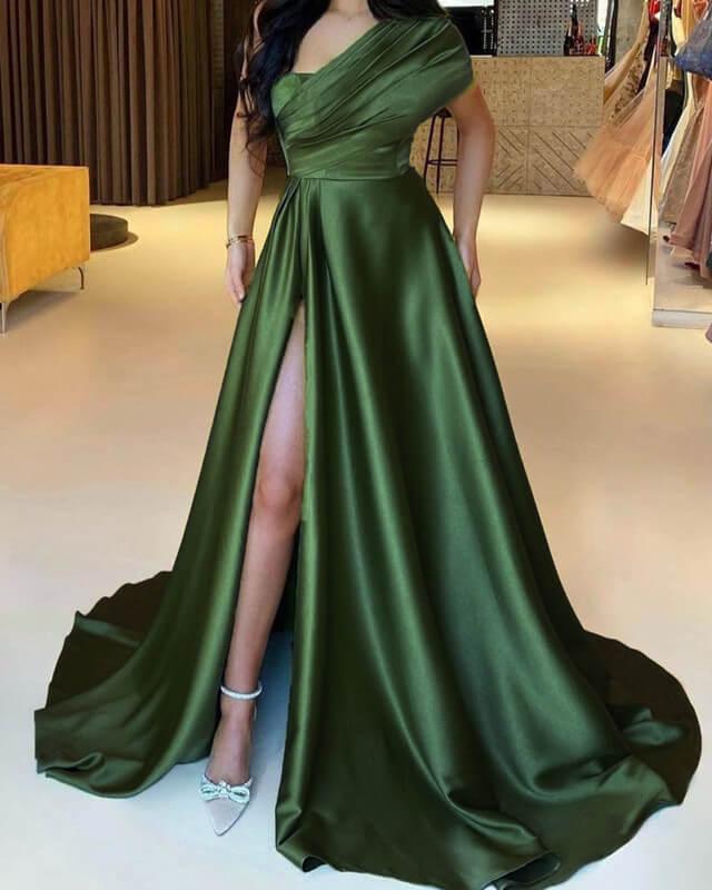Olive Green Satin One Shoulder Slit Dress - RongMoon
