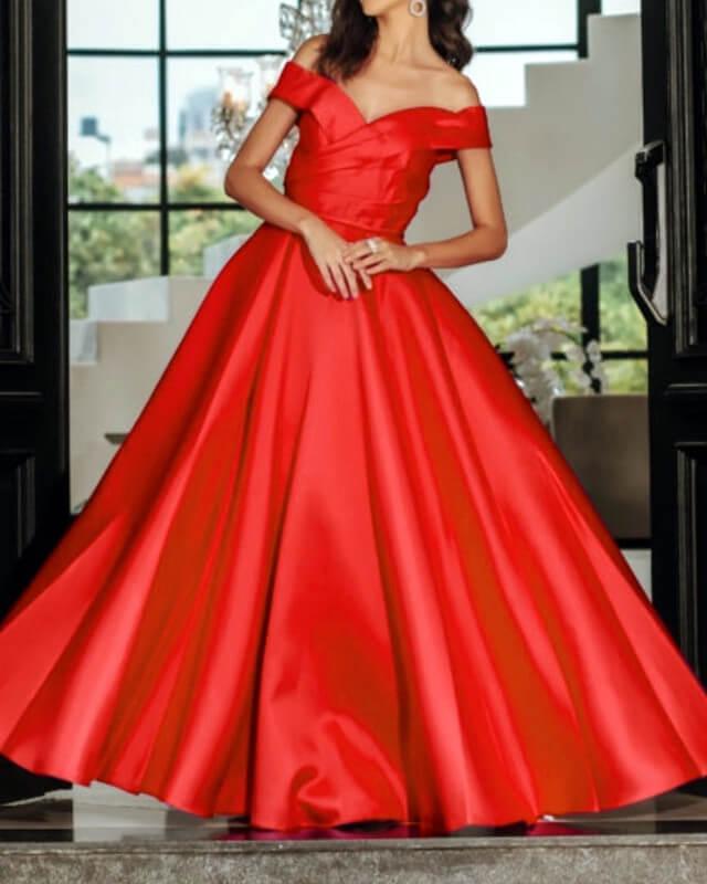 Long Red Off Shoulder Satin Gown - RongMoon