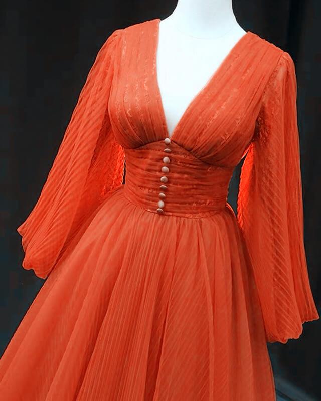 Orange Tulle V-neck Sleeved Prom Dress - RongMoon