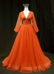 Orange Tulle V-neck Sleeved Prom Dress - RongMoon
