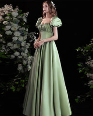 Light Green Satin Formal Dress With Sleeves - RongMoon