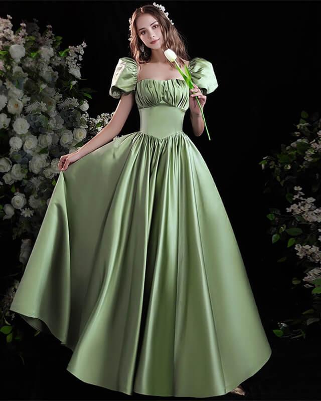 Light Green Satin Formal Dress With Sleeves - RongMoon