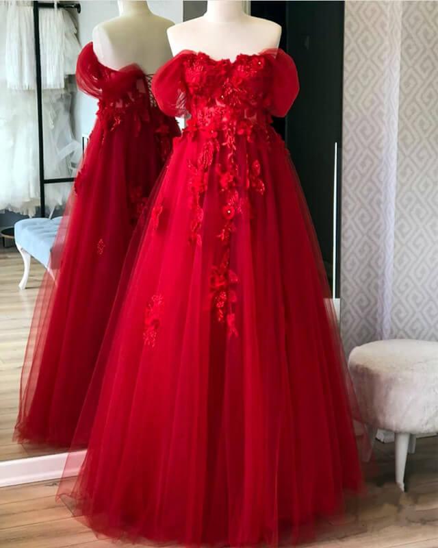 Red Tulle Corset Dress With 3D Lace Flowers - RongMoon