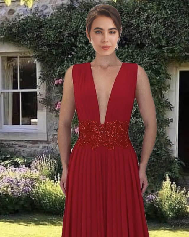 Deep Red Chiffon V-neck Floor Length Dress - RongMoon