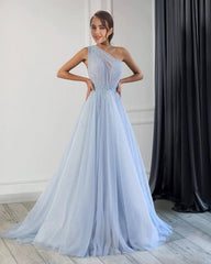 Tulle Floor Length One Shoulder Gown - RongMoon