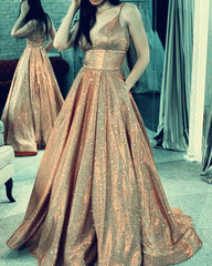 Long Prom Dresses Glitter V Neck With Pockets - RongMoon