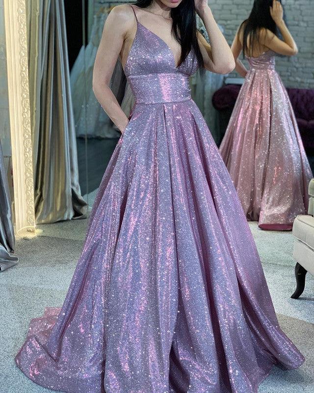 Long Prom Dresses Glitter V Neck With Pockets - RongMoon