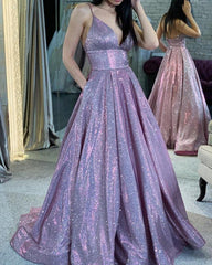 Long Prom Dresses Glitter V Neck With Pockets - RongMoon