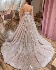 Glitter Tulle Prom Dresses Sweetheart Corset Spaghetti Straps