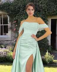 Mermaid Beaded Off Shoulder Satin Gown