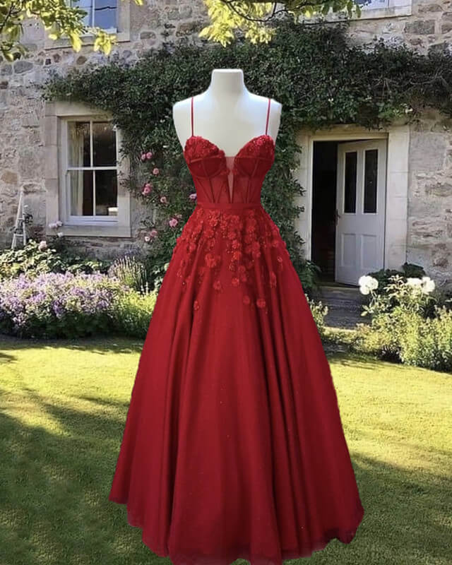 Red Tulle Corset Ball Gown With 3D Flowers
