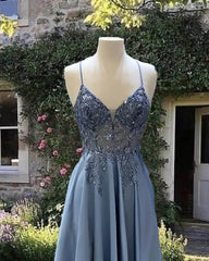 A-line V Neck Satin Beaded Gown