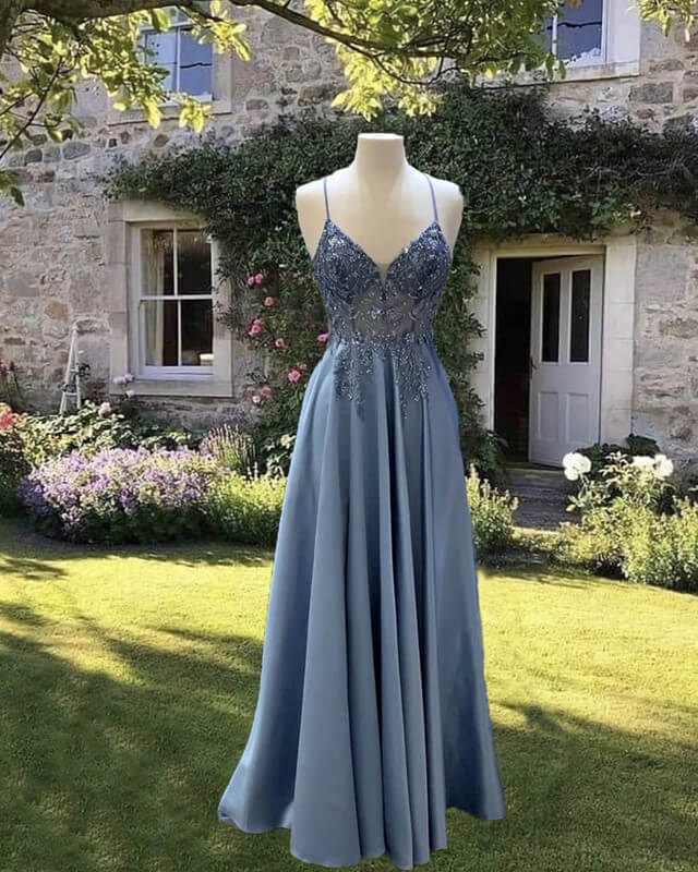 A-line V Neck Satin Beaded Gown