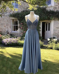 A-line V Neck Satin Beaded Gown
