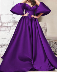 Burgundy Puffy Sleeves Prom Dresses Satin