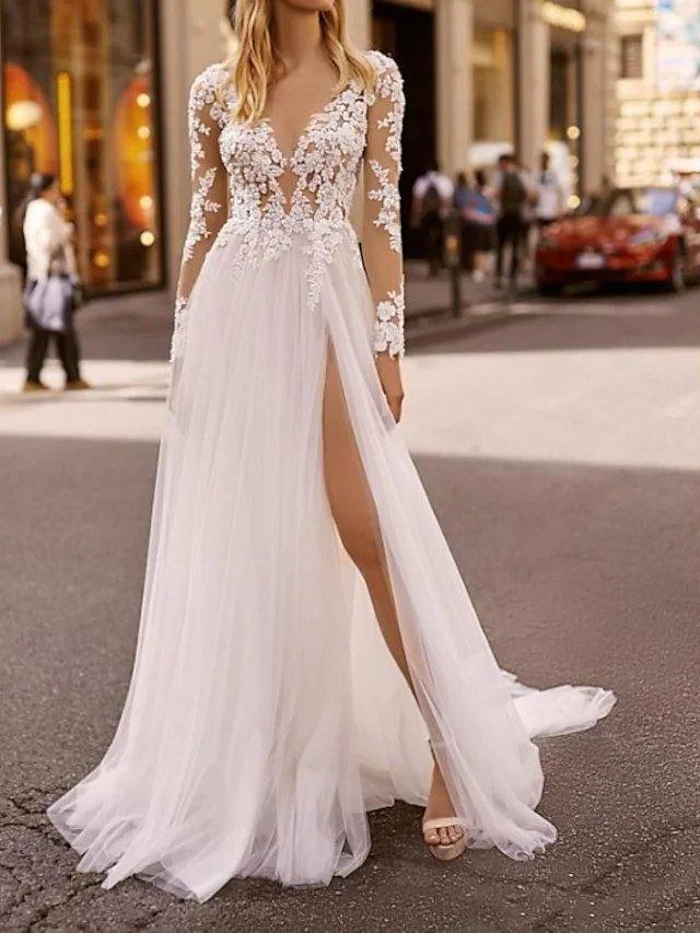 A-Line Wedding Dresses Plunging Neck Sweep / Brush Train Lace Tulle Chiffon Over Satin Long Sleeve Country Plus Size with Lace Embroidery Split Front - RongMoon