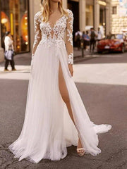 A-Line Wedding Dresses Plunging Neck Sweep / Brush Train Lace Tulle Chiffon Over Satin Long Sleeve Country Plus Size with Lace Embroidery Split Front - RongMoon