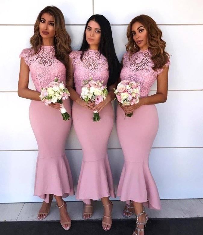 Pink Bridesmaid Dresses For Women Mermaid Cap Sleeves Satin Lace Hi Low Long Cheap Under 50 Wedding Party Dresses - RongMoon
