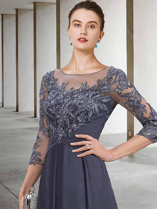 A-Line Mother of the Bride Dress Wedding Guest Plus Size Elegant Jewel Neck Ankle Length Chiffon Lace - RongMoon