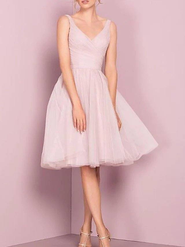 A-Line Flirty Empire Homecoming Cocktail Party Dress V Neck Sleeveless Knee Length Tulle with Pleats - RongMoon