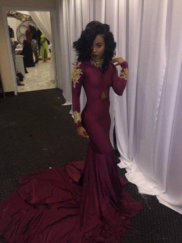 Burgundy Robe De Soiree Mermaid High Collar Long Sleeves Lace Beaded Sexy Long Prom Dresses Prom Gown Evening Dresses - RongMoon