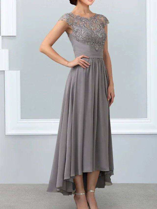 A-Line Mother of the Bride Dress Elegant Jewel Neck Ankle Length Chiffon Lace Sleeveless with Lace Appliques - RongMoon