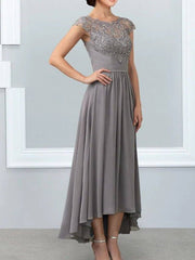 A-Line Mother of the Bride Dress Elegant Jewel Neck Ankle Length Chiffon Lace Sleeveless with Lace Appliques - RongMoon