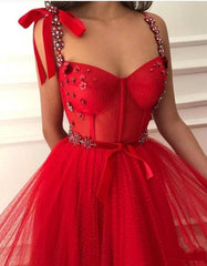 Red Prom Dresses A-line Spaghetti Straps Tulle Beaded Dubai Saudi Arabic Long Robe De Soiree Prom Gown Evening Dresses - RongMoon