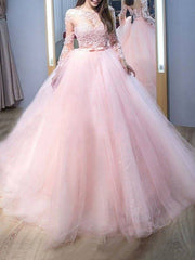 Ball Gown Jewel Long Sleeves Sweep/Brush Train Lace Tulle Dresses - RongMoon