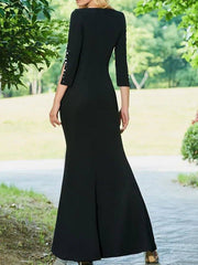 Sheath / Column Mother of the Bride Dress Elegant Jewel Neck Floor Length Stretch Fabric Half Sleeve with Beading - RongMoon
