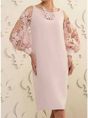 Sheath / Column Mother of the Bride Dress Elegant Jewel Neck Knee Length Lace Satin Long Sleeve with Appliques - RongMoon