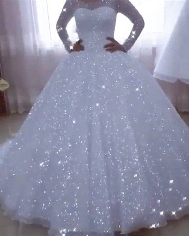 Bling Bling Sequin Wedding Dress Long Sleeves Ball Gown - RongMoon