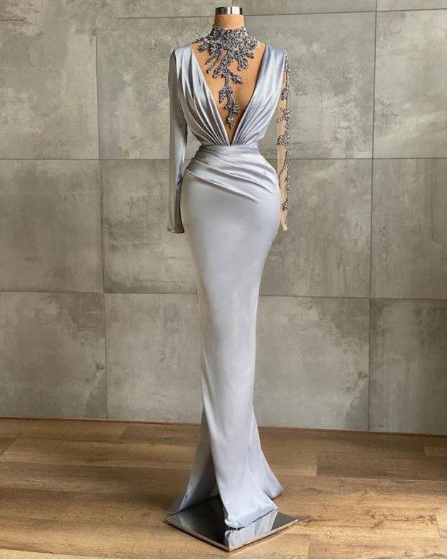 Gray Robe De Soiree Sheath Long Sleeves Beaded See Through Sexy Long Prom Dresses Prom Gown Evening Dresses - RongMoon