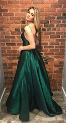 Spaghetti Straps V-neck Long Satin Prom Dresses Leg Split Evening Gowns
