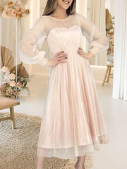 Long Sleeve Scoop Tea Length Tulle Wedding Dress