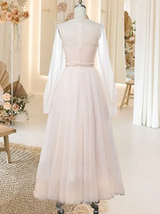 Long Sleeve Scoop Tea Length Tulle Wedding Dress