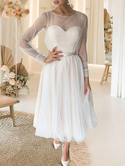 Long Sleeve Scoop Tea Length Tulle Wedding Dress