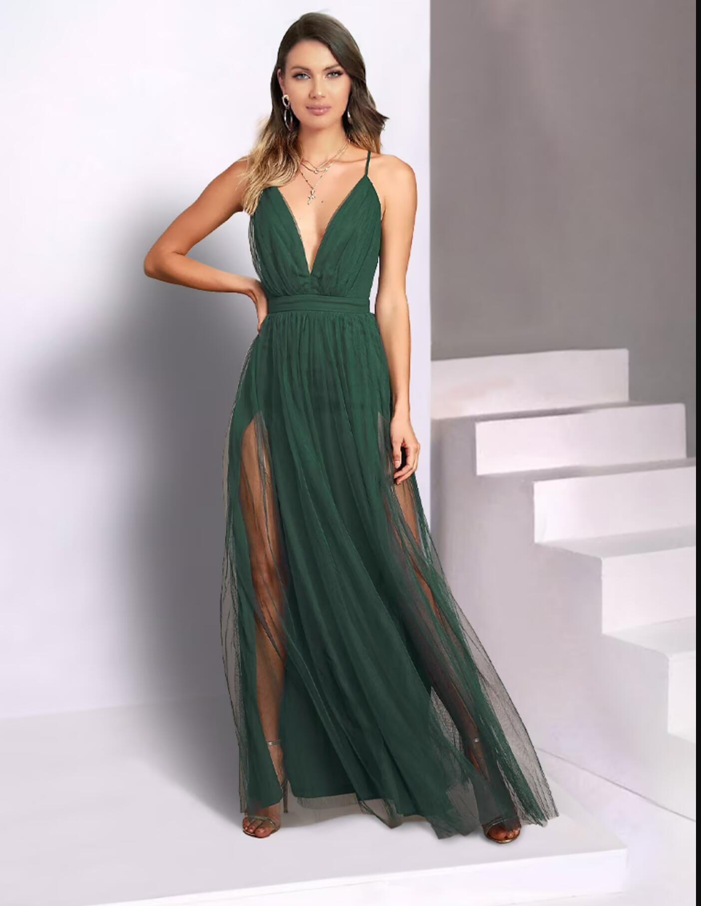 Wedding Guest Dresses Casual Dress Party Wear Floor Length Sleeveless Spaghetti Strap Tulle with Pleats