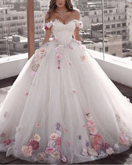 Off Shoulder Tulle Ball Gown Wedding Dresses Floral Flowers Beaded - RongMoon