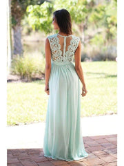 A-Line Jewel Neck Floor Length Chiffon / Lace Bridesmaid Dress with Sash / Ribbon / Pleats - RongMoon